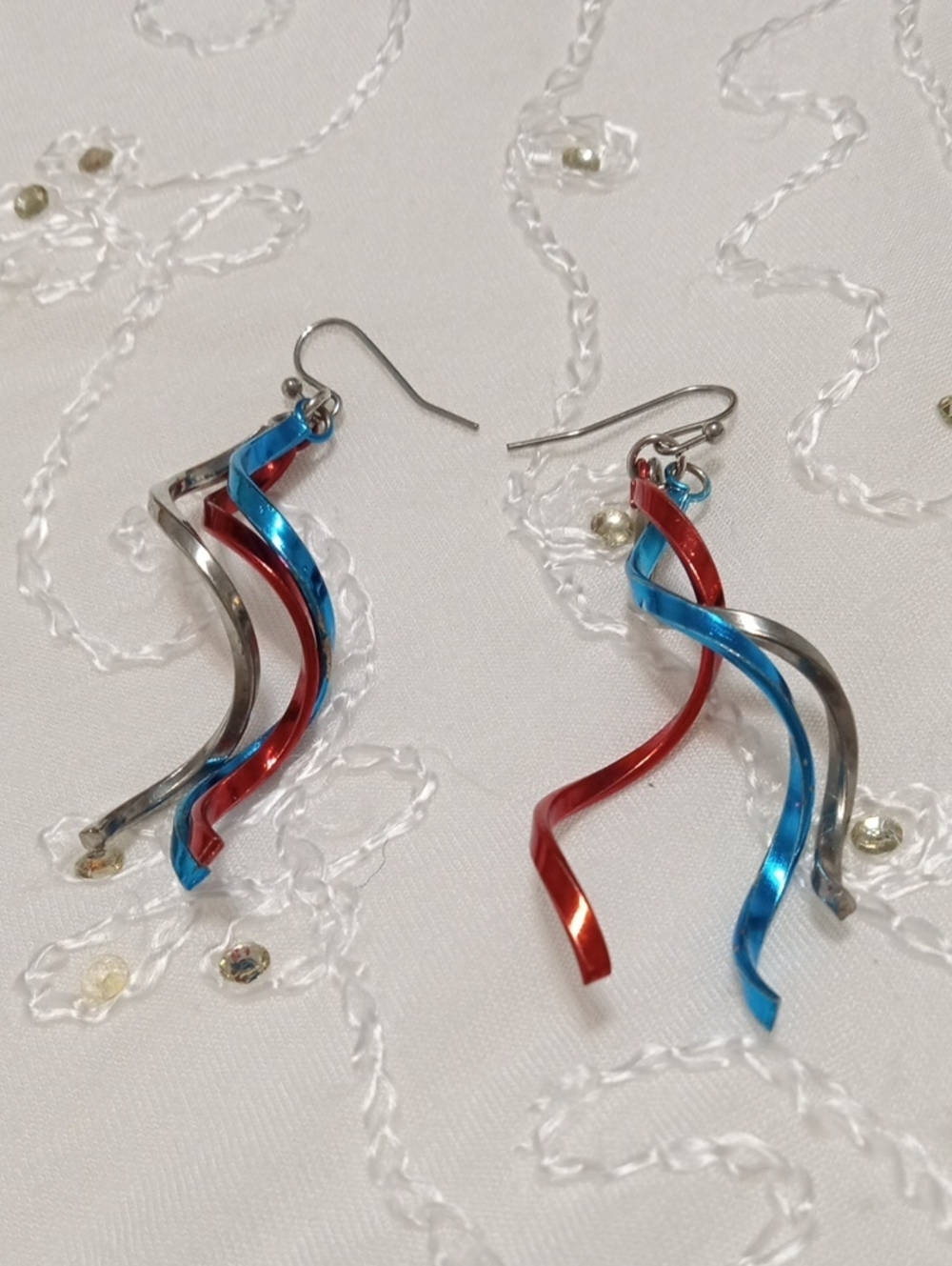 Twist Ribbon Drop Earrings - Red, Blue & Silver